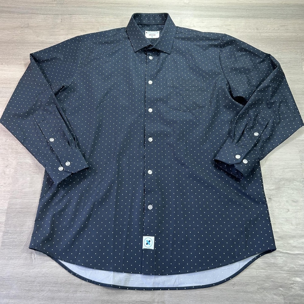 &Collar Shirt Mens Large Blue Polka Dot Regular Fit Stretch Dress Long Sleeve